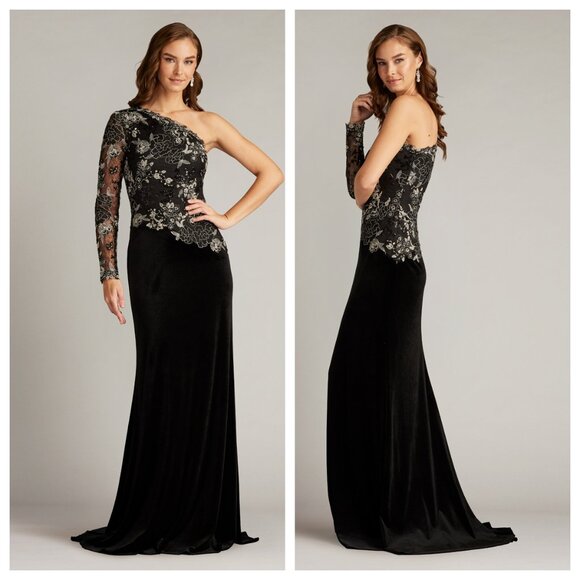 Tadashi Shoji Pisa Embroidered Lace Top One-shoulder Velvet Gown